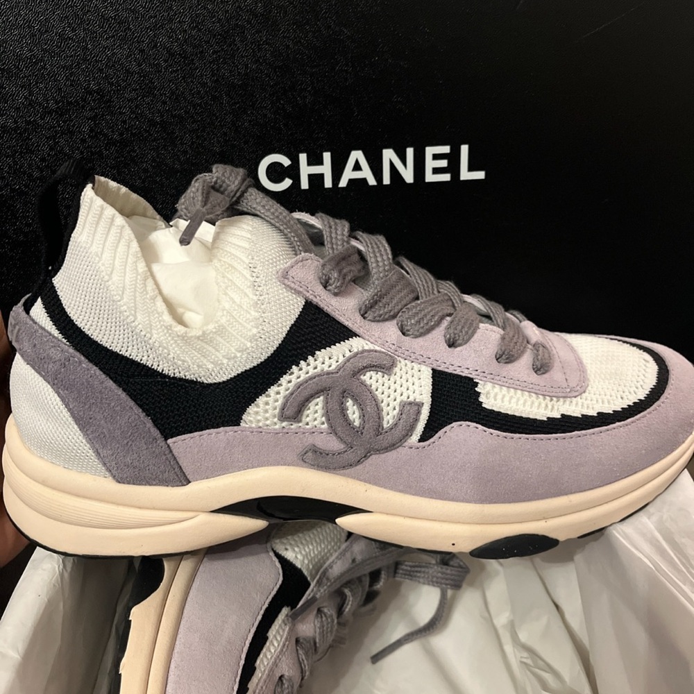 CHANEL lavendar, White and Black Athletic Shoes